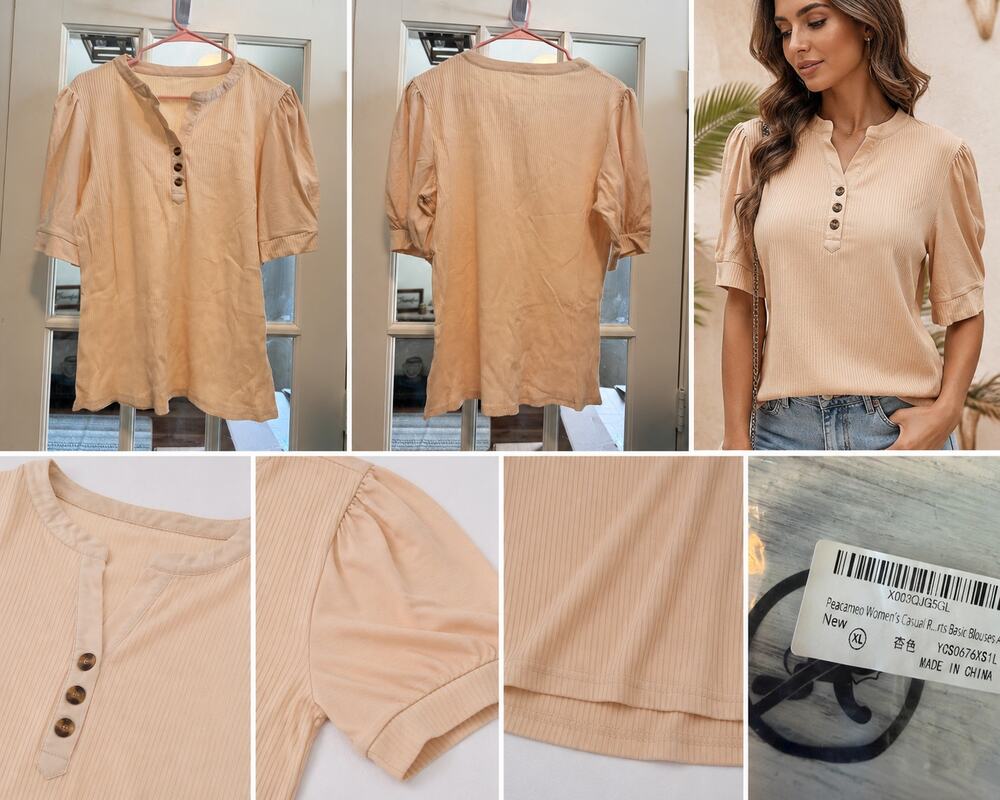 Peacameo Women's Ribbed Henley Blouse – Apricot – Size XL – New